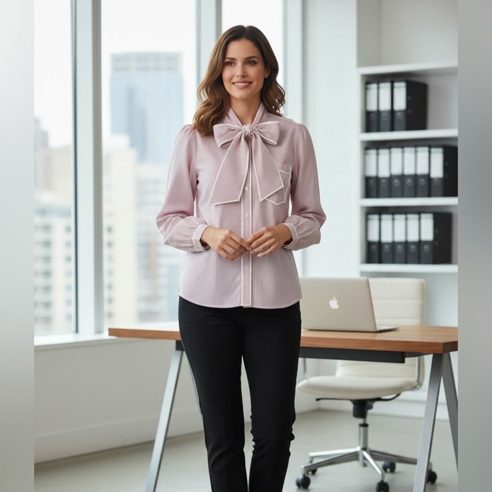 J. Crew Striped Tie Neck Poplin Pink and White Shirt - Picture 1 of 10
